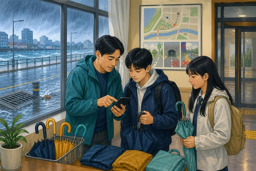실내에서 기상정보를 확인하며 집중호우에 대비하는 청소년과 성인을 그린 설명용 삽화
