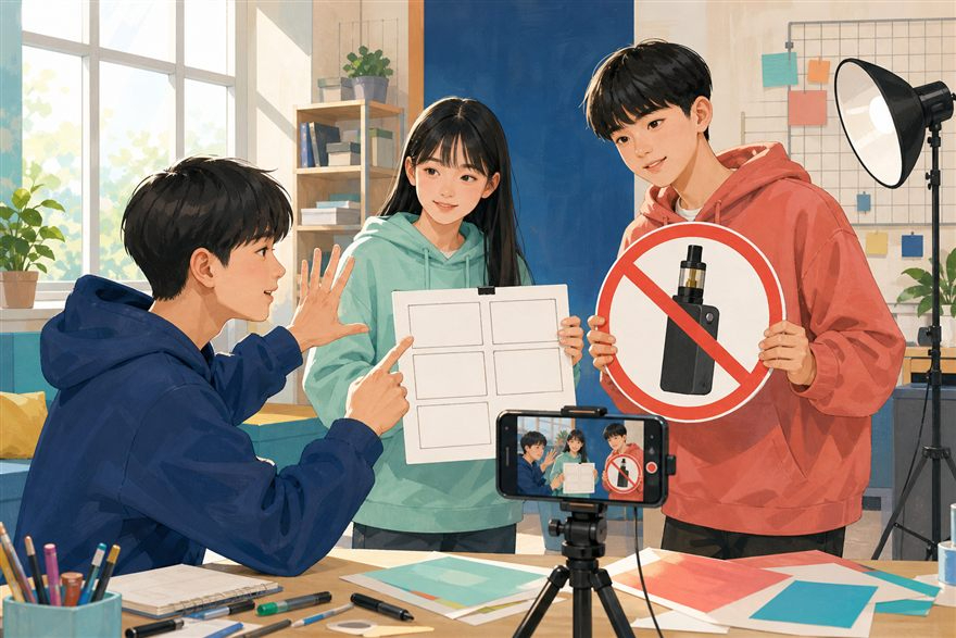 청소년들이 스마트폰으로 전자담배 예방 숏폼 영상을 제작하는 모습을 그린 설명용 삽화