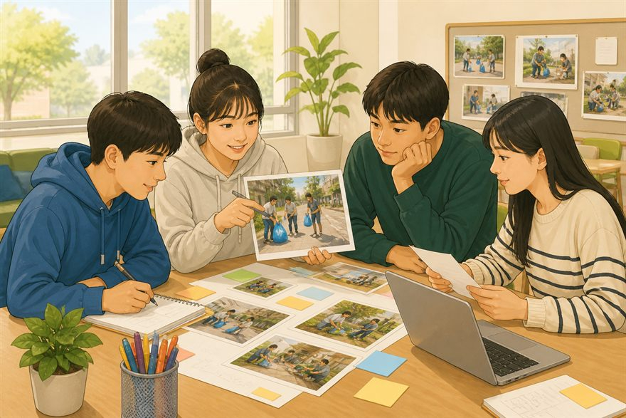 청소년들이 지역 봉사활동 사진과 기록을 정리하는 모습을 표현한 설명용 삽화