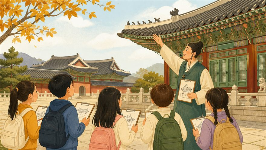 초등학생들이 전통 궁궐 건축을 관찰하며 역사 수업에 참여하는 모습을 표현한 설명용 삽화