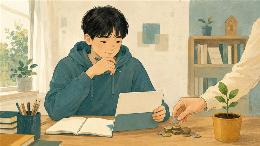 청소년이 자립을 위한 저축 계획을 세우고 어른이 동전을 보태는 모습을 표현한 설명용 삽화