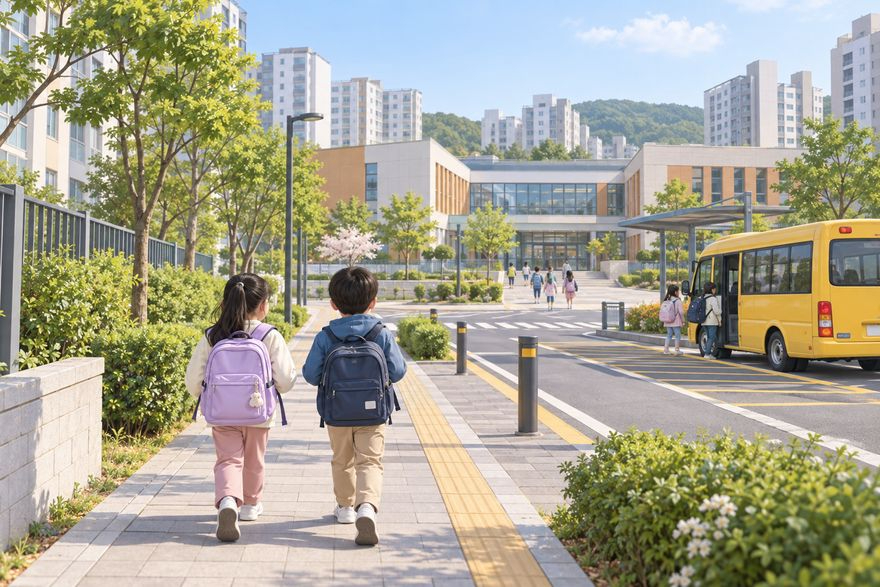 주거지에서 가까운 학교로 안전한 보행로를 따라 등교하는 어린이들을 표현한 설명용 이미지
