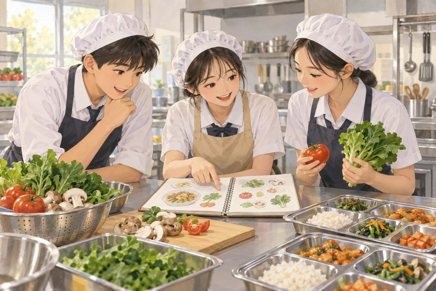 지역 채소와 급식 식판을 놓고 메뉴를 의논하는 세 청소년의 설명용 AI 삽화