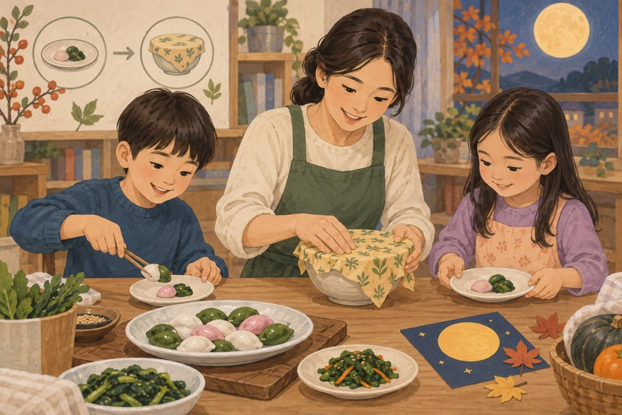 가족이 적정량의 명절음식을 덜고 재사용 포장으로 남은 음식을 보관하는 설명용 삽화