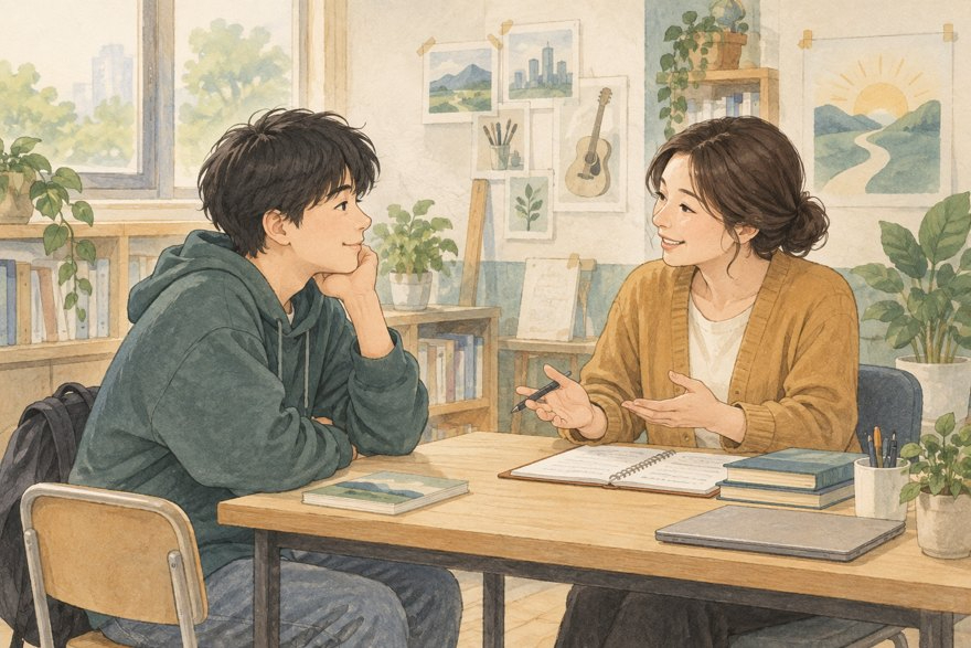 청소년과 상담자가 책상에서 대화하는 설명용 삽화