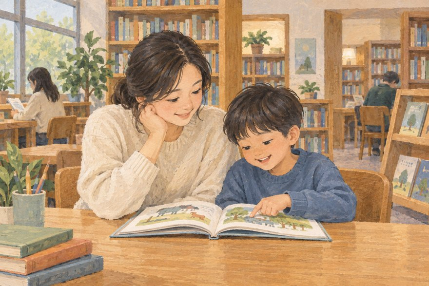 도서관에서 부모와 아이가 함께 책을 읽는 모습을 그린 설명용 삽화