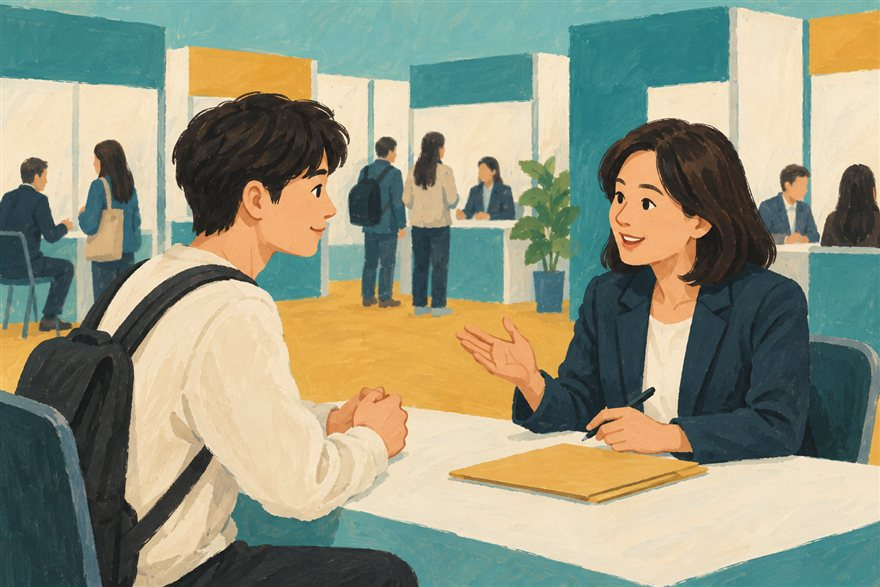 구직자와 상담자가 취업상담을 나누는 모습을 표현한 삽화