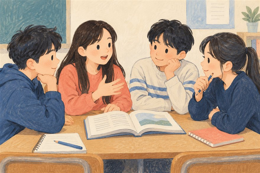 청소년들이 책을 읽고 서로 의견을 나누는 모습을 표현한 삽화